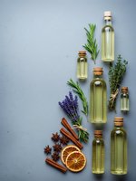 Essential oils in glass bottles with fresh herbs, lavender, cinnamon sticks and dried orange slice arranged on textured blue background for aromatherapy.