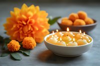 Floating candles in water bowl with orange dahlia flower and marigold petals create serene spa atmosphere on dark surface. Perfect for wellness design.