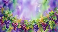 Watercolor grape vines with purple and green clusters hanging from leafy branches against soft lavender background for wine and harvest themes.