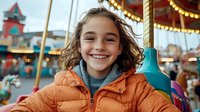 Young girl with curly brown hair wearing orange winter jacket smiles brightly while riding carousel at amusement park, carnival lights and decorations in background.