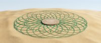 Aerial view of green geometric mandala pattern on sandy beach with wooden centerpiece, suitable for meditation and wellness design projects.