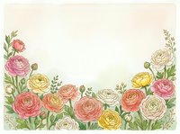Watercolor ranunculus flowers border frame with soft pastel colors on light background for wedding invitations and spring designs.