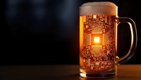 Glass beer mug with glowing circuit board pattern and bright central processor chip on wooden surface against dark background for tech-themed designs.