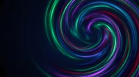 Vibrant neon spiral with glowing purple, green and blue light trails creating dynamic swirl motion on dark background for digital art and futuristic designs.