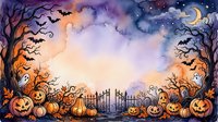 Halloween watercolor frame with pumpkins, bats, ghosts, and spooky trees under a moonlit sky, perfect for seasonal cards and invitations.