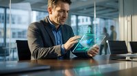 Professional businessman using futuristic holographic technology interface in modern office environment for digital innovation and data analysis.