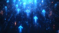 Glowing blue arrows moving upward through dark space with light rays and particles, representing digital growth and success in business visualization.