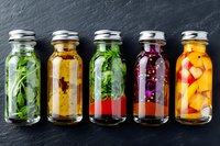 Five glass bottles filled with colorful herbal tinctures and botanical extracts arranged on dark slate surface for natural medicine and wellness.