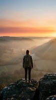 Hiker with backpack standing on rocky cliff overlooking misty valley at sunrise, contemplating scenic mountain landscape with golden sky for travel and adventure concepts.