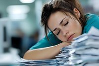 Young Asian female office worker sleeping on stack of paperwork at desk, showing workplace stress, burnout and exhaustion in corporate environment.