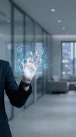 Businessman in dark suit touching holographic interface with glowing digital icons and network symbols in modern office environment with glass partitions and city skyline view.