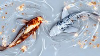 Artistic koi fish swimming in clear water with gold leaf accents and sparkles, orange and white carp creating elegant oriental composition on gray background.