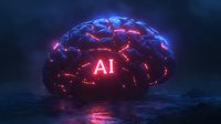 Glowing brain with AI text in neon red and blue colors on dark background, futuristic neural network concept representing artificial intelligence technology.