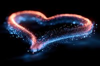 Glowing heart shape formed by luminous orange and blue particles against dark background, magical sparkles creating romantic atmosphere for Valentine designs.