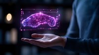 Glowing purple hologram of car floating above businessman hand shows automotive technology innovation and future mobility concept in dark setting.