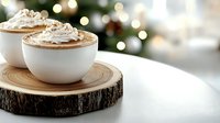 Hot chocolate topped with whipped cream in white ceramic cups on rustic wood slice against blurred festive lights and Christmas tree background.