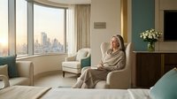 Senior Caucasian woman relaxing in modern luxury apartment chair with city skyline view through large windows during golden hour sunset.