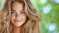 Young blonde woman with wavy hair and blue eyes smiling outdoors with natural green bokeh background for beauty and lifestyle concepts.