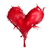 Red paint splash heart shape with dripping effect isolated on white background for romantic design projects and Valentine decorations.