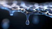 Macro photography of water drop formation with surface tension creating delicate connecting threads against dark background. Demonstrates fluid dynamics and cohesion properties.
