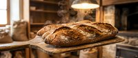 Freshly baked artisan sourdough bread loaves on wooden peel in traditional bakery kitchen with warm lighting and rustic atmosphere for culinary projects.