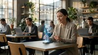 Professional businesswoman using holographic technology in modern office cafe workspace for future business innovation and digital transformation.