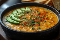 Hearty lentil soup with fresh avocado slices and herbs in black bowl, nutritious comfort food for healthy eating and vegetarian cuisine.