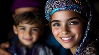 Young Middle Eastern woman wearing traditional colorful hijab with sequins and embroidery smiles warmly at camera, with child in soft focus background.