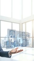 Businessman holding digital interface with padlock icons and globe symbols representing cybersecurity, data protection, and network security solutions for business applications.