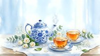 Watercolor tea set with blue and white porcelain teapot, two cups of hot tea, and white roses on a soft blue background.