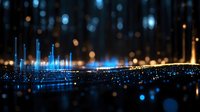 Glowing blue digital columns rise from illuminated surface against dark background with bokeh light effects, creating futuristic technology visualization.