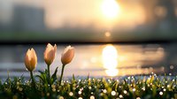 Delicate white tulips at sunrise near water with bokeh light effects and morning dew drops on grass creating magical spring atmosphere at dawn.