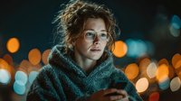 Young Caucasian woman with curly hair and glasses wearing cozy sweater using smartphone at night with bokeh city lights background for lifestyle content.