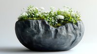 Modern dark gray concrete planter bowl with lush green moss and small plants creating natural garden decor for contemporary interior design.