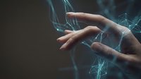 Human hand reaching toward glowing blue digital network connections and data streams representing technology innovation and futuristic interface interaction.