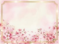 Elegant pink cherry blossom frame with golden border on soft gradient background for spring wedding invitations and romantic greeting cards.