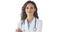 Young Hispanic female medical professional wearing white coat and stethoscope smiling confidently with arms crossed, representing healthcare and medical expertise.