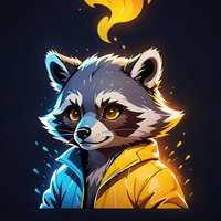 Stylized raccoon character wearing yellow and blue jacket on dark background with glowing effects and dynamic lighting. Artistic mascot design for gaming or branding.