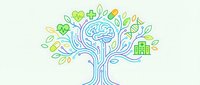 Mental health tree with brain roots and wellness symbols for healthcare design isolated on white background.