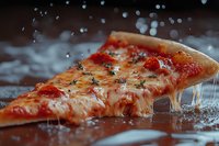 Melted mozzarella stretches from hot pizza slice with tomato sauce and herbs against dark background with water droplets creating dramatic food atmosphere.