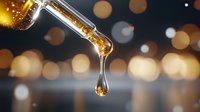 Golden oil drop falling from glass dropper with bokeh lights background, capturing therapeutic essence in macro photography for wellness and cosmetic advertising.