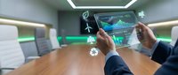 Business professional using digital tablet displaying environmental sustainability data and green energy analytics in modern conference room setting.