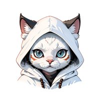 Cute white cat wearing casual white hoodie sweatshirt with blue eyes and pink nose, cartoon style character on isolated background for sticker or print design.