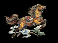 Ornate galloping horse in traditional Asian art style with gold and blue details, isolated on transparent background. Great for t-shirts, stickers, and print on demand.