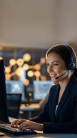 Professional female customer service representative with headset working at computer in modern office environment with warm lighting and city view.