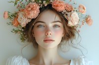 Young woman with blue eyes wearing floral crown of peach roses and carnations, natural makeup, freckles and ethereal expression against light background.