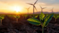 Young green plant growing from soil at sunset with wind turbines in background, symbolizing sustainable development and renewable energy solutions.
