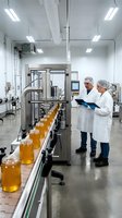 Two quality control technicians in white lab coats monitoring automated bottling production line with amber glass jars in sterile pharmaceutical facility.