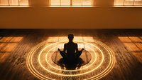 Silhouette of person meditating in lotus position within glowing mandala circle on wooden floor, spiritual wellness and mindfulness practice for yoga studios and meditation apps.