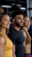 Happy diverse young adults smiling together in modern gym wearing colorful athletic wear during group fitness training session.